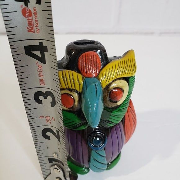 Cool Vintage Aztec Owl with Tie Whistle Black Pottery 4" Red Eyes Folk Art Decor - Picture 9 of 11